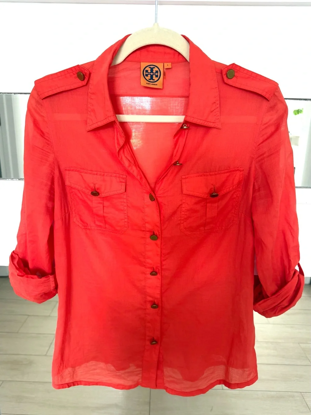 Tory Burch Coral Red Button-Front Utility Shirt